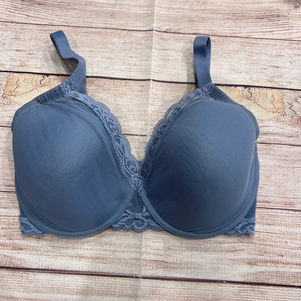 Natori Slate Blue Floral Lace Trim Mesh Full Coverage Underwire Bra 32G